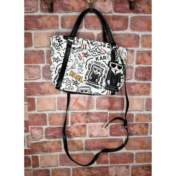 Karl Lagerfeld Paris Graffiti Print Saffiano Leather Tote Crossbody Bag White - Picture 2 of 6